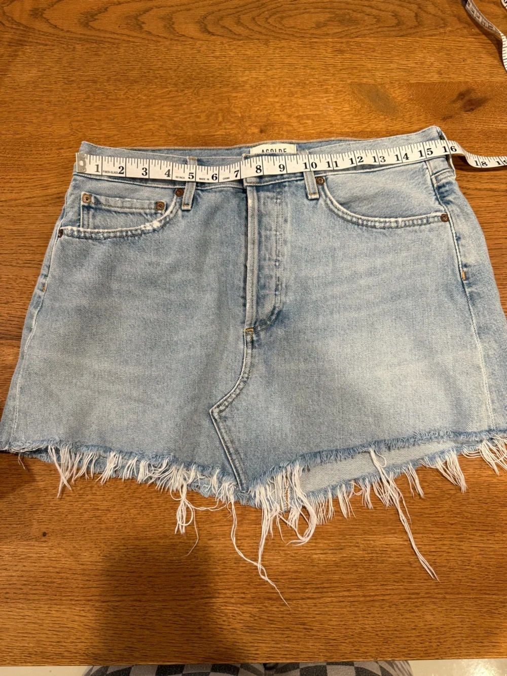 Agolde Light Blue Denim Asymmetrical Frayed Mini Skirt